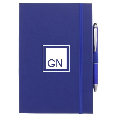 Blue color edge journal with metallic stylus pen and personalized imprint.