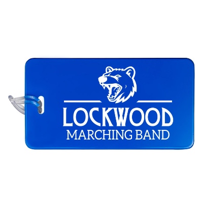 Personalized blue luggage tag with clear strap.