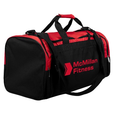 Custom black and red gym bag with red imprint.
