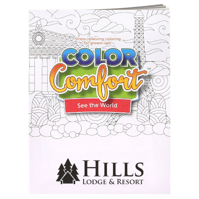 Multicolored paper coloring book with a custom imprint.