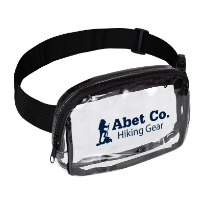 Clear belt bag with black accents and custom imprint.
