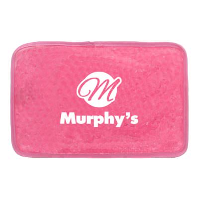 Plastic pink hot and cold pack with a branded logo.