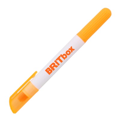 Orange plastic highlighter with a custom imprint.