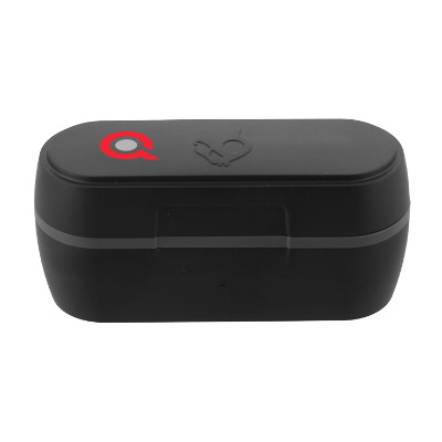 Black plastic earbuds with a personalized imprint.