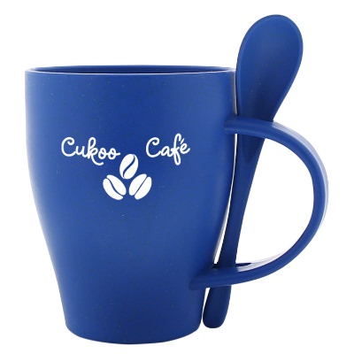 Plastic orange mug with custom logo.