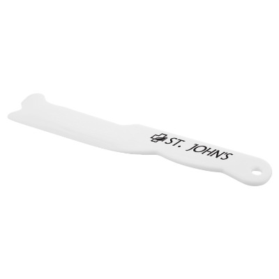 White polypropylene jam spreader with personalized logo.