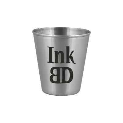 Stainless steel silver shot glass with custom logo in 2.5 ounces.