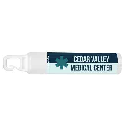 Plastic white lip balm with a personalized logo.