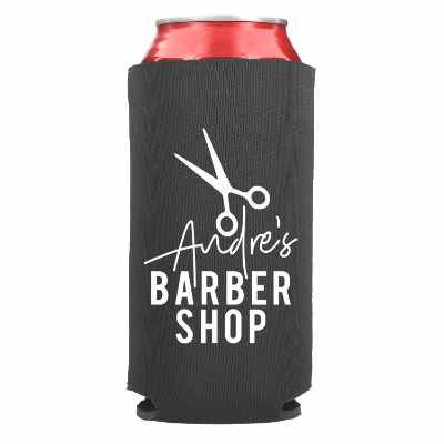 Foam neon blue tall boy can cooler with custom branding.