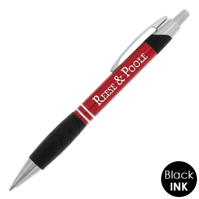 Custom engraved aluminum ballpoint pen with rubber grip.
