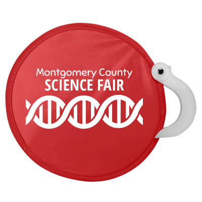 Polyester orange hand fan with a custom logo.