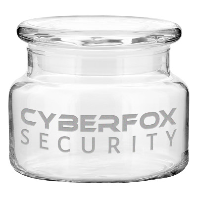 Clear glass jar with a personalized logo.