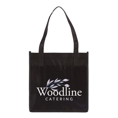 Laminated polypropylene black shopper tote with custom full color logo.
