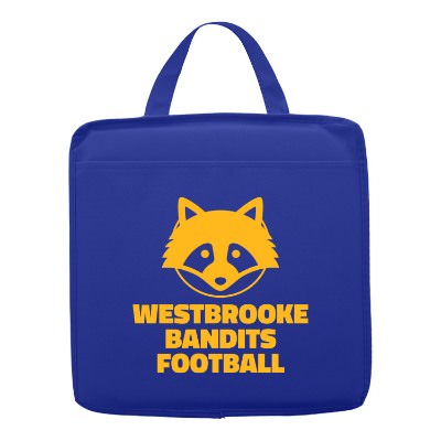 Blue polypropylene stadium cushion with a custom imprint.