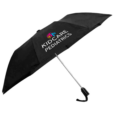 Black shed rain auto open compact umbrella with custom full color logo.