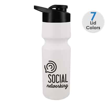 Plastic white water bottle with custom imprint and snap lid in 24 ounces.