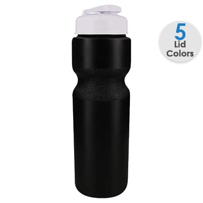 Plastic black water bottle blank and flip top lid in 28 ounces.