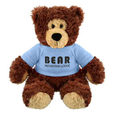 Plush and cotton bear with a blue t-shirt with a custom imprint.