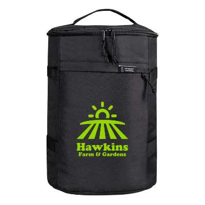 Black backpack cooler with custom logo.