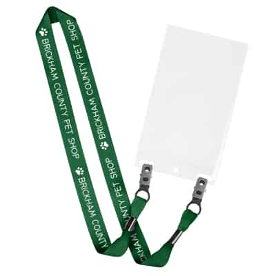 3/4 inch navy blue satin polyester custom lanyard with double bulldog clips and event holder.