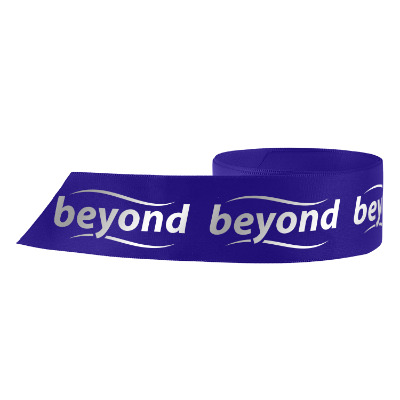 Blue polyester ribbon with a personalized logo.
