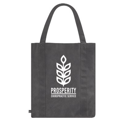 Black non-woven rPET tote bag with custom logo.