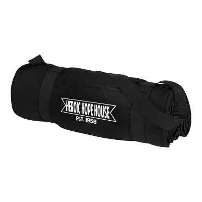 Black fleece picnic blanket with custom design.