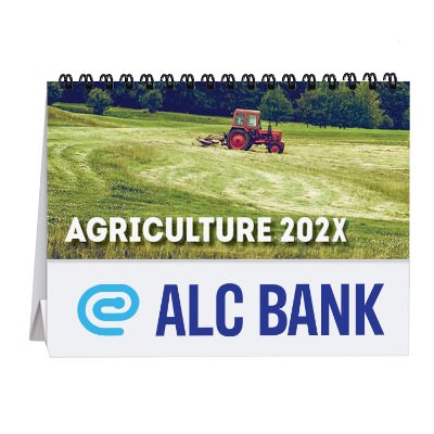 Tent desk calendar with photos of assorted agriculture with custom full color promotional imprint.
