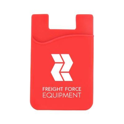 Silicone red phone wallet with branded imprint.