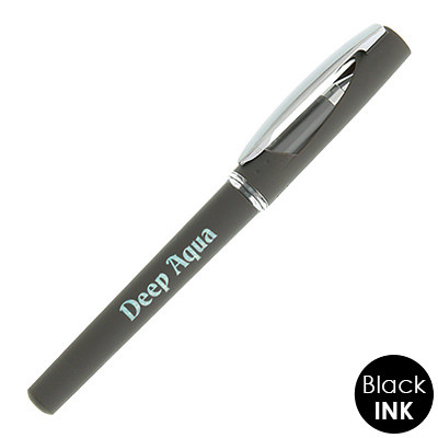 Plastic colored pen with chrome accents and custom logo.