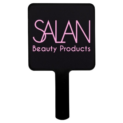 Black plastic mirror with a custom imprint.