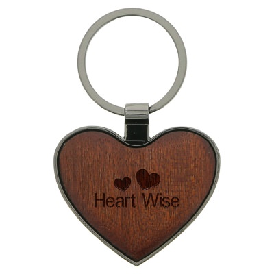 Wood and metal heart shaped keychain with laser engraved promotional logo.