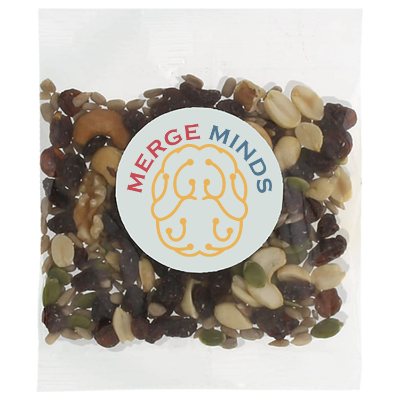 2 oz. clear handfuls full color raisin nut trail mix imprint.