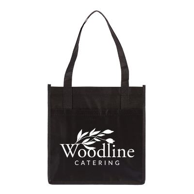 Laminated polypropylene black shopper tote with custom logo.