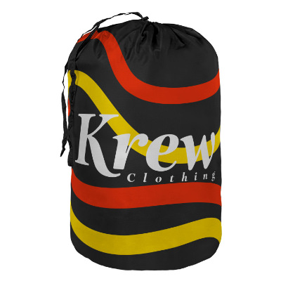 Black ripstop nylon laundry bag with a custom imprint.