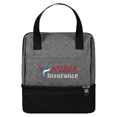 Gray polyester cooler with a custom logo.