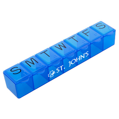 Blue plastic pill box with a branded imprint.
