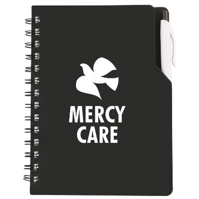 Polypropylene frost blue notebook with pen and custom logo.