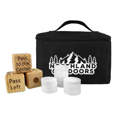 Black polyester outdoor game with a personalized logo.