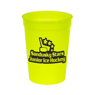 Plastic nite glow glow in the dark stadium cup with promotional printing in 12 ounces.