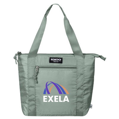 Aqua gray polyester cooler with a personalized logo.