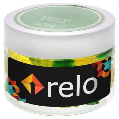 Clear plastic jar with a personalized logo.