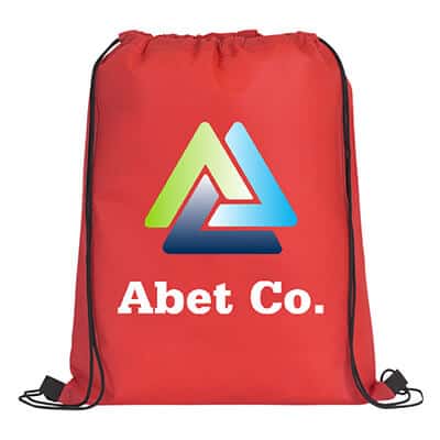 Polypropylene red drawstring bag with custom full-color imprint.