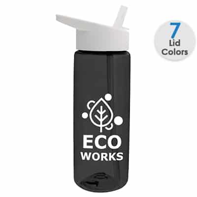 Tritan blue water bottle with custom branding and flip straw lid in 26 ounces.