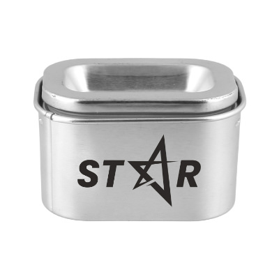 Tin with custom logo.