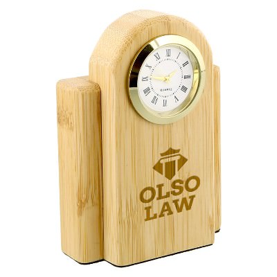 Bamboo desk clock with laser engraved logo.