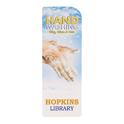 White cardstock bookmark with a personalized logo.