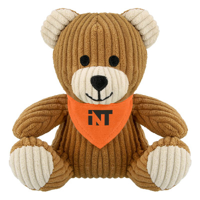 Plush and cotton corduroy bear with a orange bandana with a personalized logo.