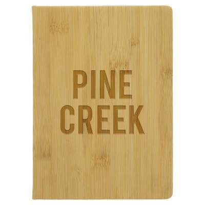 Wood grain brainstorm journal with personalized imprint.