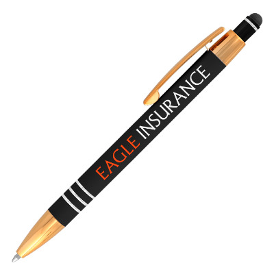 Black metal pen with a personalized logo.